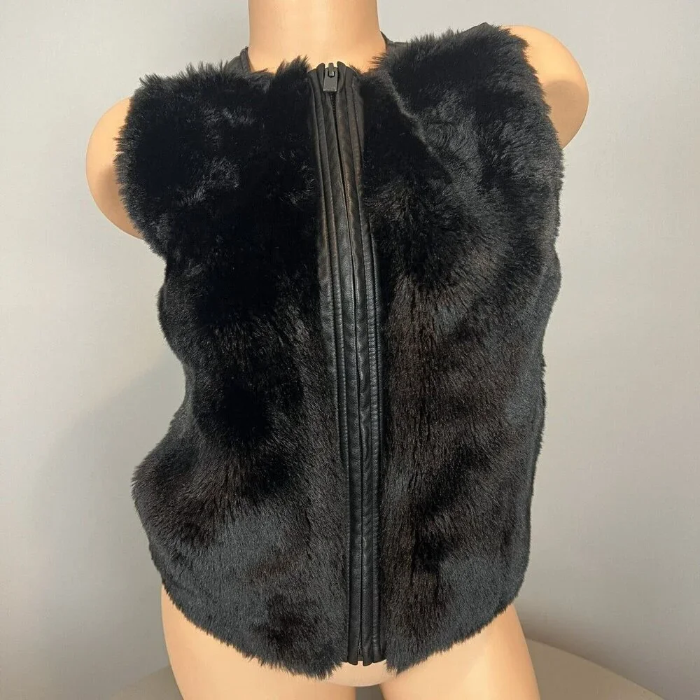Vince Black Faux Fur Vest Size Girls Large Zipper Front Mafia Wife
